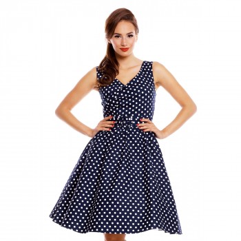 Dolly & Dotty - May V-neck 50’s Style Swing Dress in Blue Polka Dot