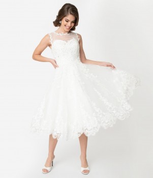 Unique Vintage - 1950s Style Ivory Lace & Tulle Riviera Bridal Dress