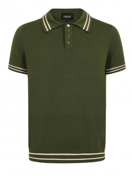 Collectif Menswear - Pablo Striped Edge Knitted Polo in olivgrün
