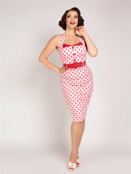 Collectif Womenswear - Wanda Polka Dot Pencil Dress in rosa / rot