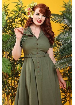 Collectif Womenswear - Caterina Vintage Swing Dress in olivgrün