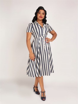 Collectif Womenswear - Caterina Admiral Stripe Swing Dress cream