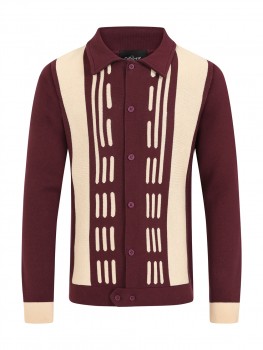 Collectif Menswear - Luca Kentish Knitted Cardigan in bordeaux / creme