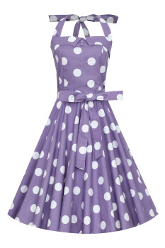 Dolly & Dotty - Sophie Rockabilly 1950's Halterneck Dress in Purple Polka Dots