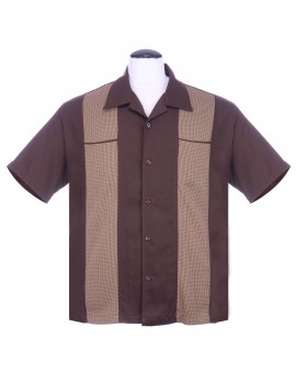 Steady Mens - Houndstooth Panel Bowling Shirt in braun