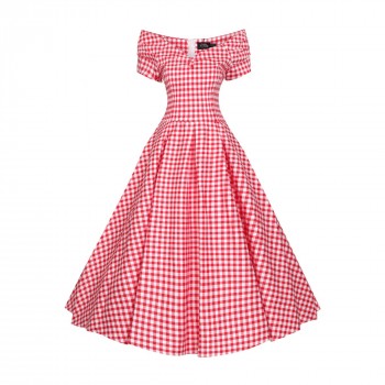 Dolly & Dotty - Lily Off Shoulder Red Gingham Swing Dress