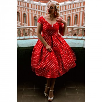Dolly & Dotty - Lily Red Polka Off Shoulder Swing Dress
