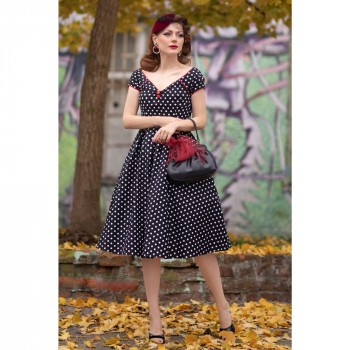 Dolly & Dotty - Lily Off Shoulder Swing Dress in Black White Dots with Red Details